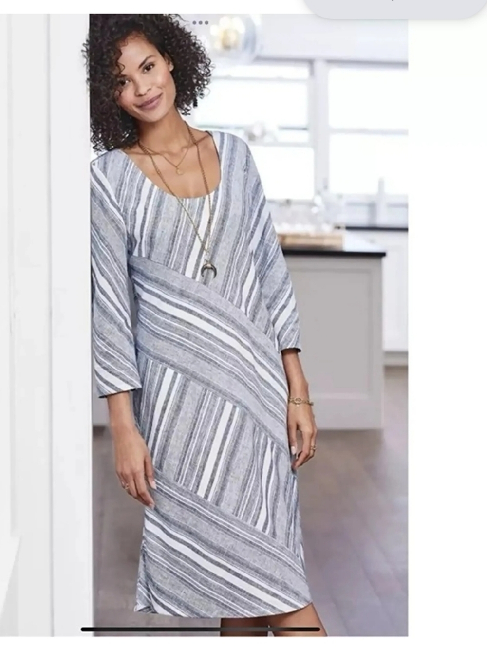 Soft Surroundings Sonya Linen Striped Scoop Neck Tunic Dress W/Pockets, L.